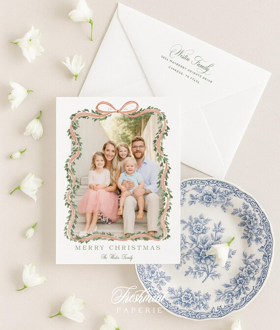 Neutral Christmas Photo Cards: Watercolor Wreath Holiday Cards