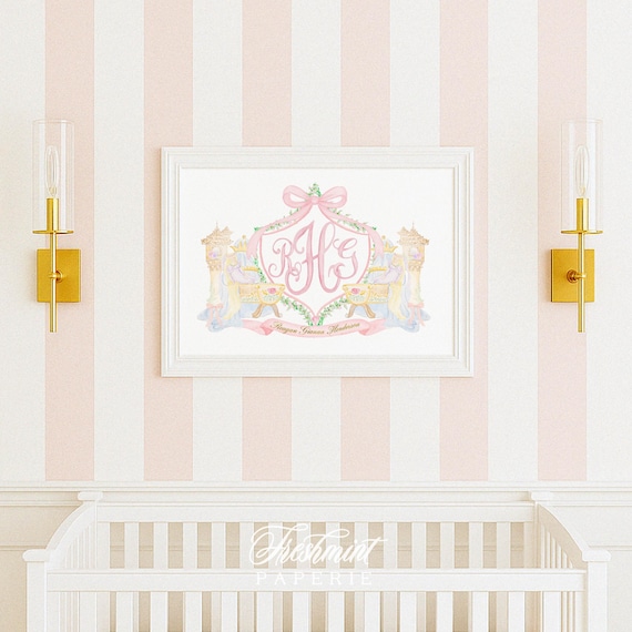 Princess nursery Wall Art, Nursery name print, Monogram crest, Pink Monogram nursery wall art, Watercolor Princess, Princess Nursery, Castle