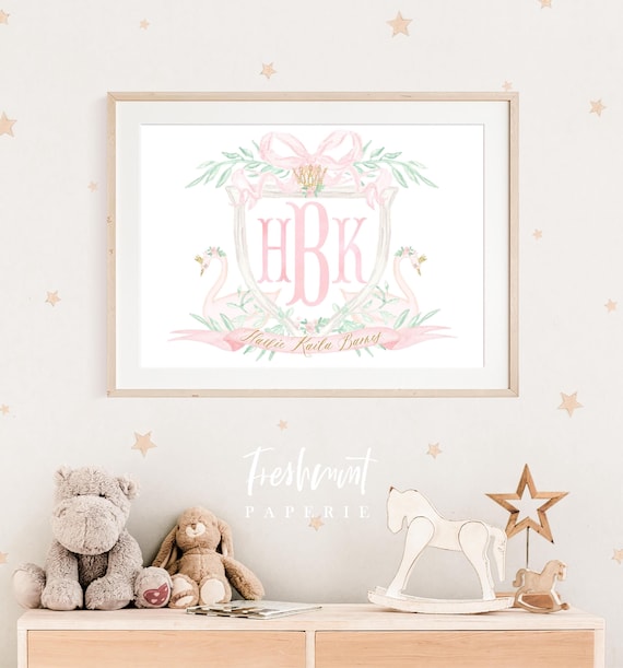 Swan wall art, Floral Swan Wall Art, Nursery name print, Pink Swan Art Print, Monogram nursery art