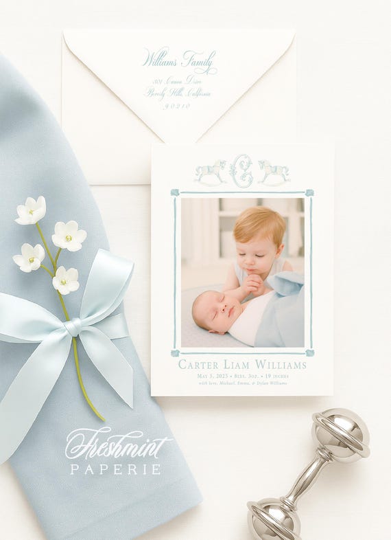 Watercolor Birth Announcement, Baby Boy Birth Announcement, Birth Announcement, Monogram Birth Announcement, Baby Baby, Welcome Baby, Crest
