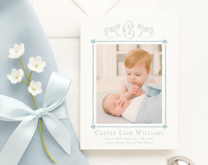 Watercolor Baby Boy Birth Announcement, Monogram Crest