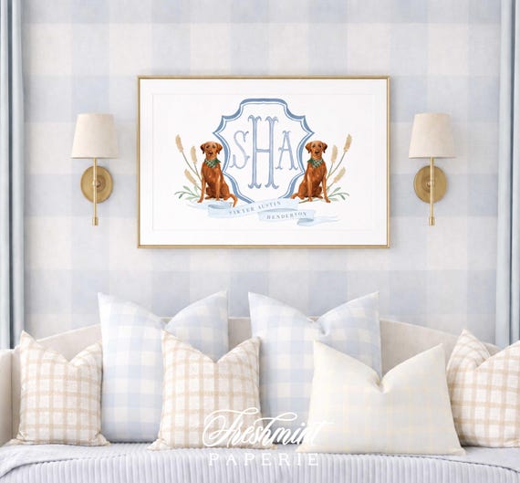 Red Labrador Watercolor Print, Custom Nursery Monogram Art