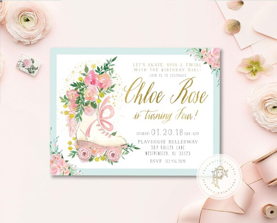Floral Roller Skate Birthday Invitation | Girls Party Invite