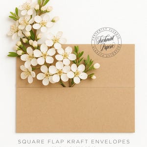 May include: Square flap kraft envelopes with a white flower arrangement on top. The envelopes are brown and have a round sticker with the text "Freshmint Paperie" in black script. The text "SQUARE FLAP KRAFT ENVELOPES SOLD IN PACKS OF 10" is printed below the envelopes.