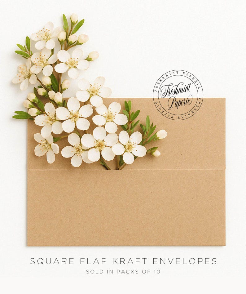 May include: Square flap kraft envelopes with a white flower arrangement on top. The envelopes are brown and have a round sticker with the text "Freshmint Paperie" in black script. The text "SQUARE FLAP KRAFT ENVELOPES SOLD IN PACKS OF 10" is printed below the envelopes.