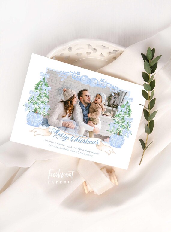 Blue floral Holiday Cards, Christmas card, Photo Christmas cards, Photo holiday cards, Pretty Holiday Cards, Gingham, Wreath
