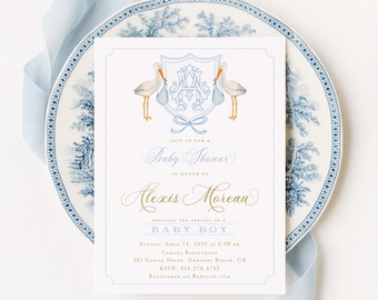 Stork Baby Shower Invitation, Monogram, Crest, Baby Boy, Blue Bow, Grandmillennial