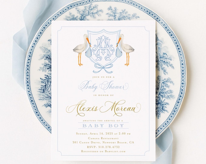 Stork Baby Shower Invitation, Monogram, Crest, Baby Boy, Blue Bow, Grandmillennial