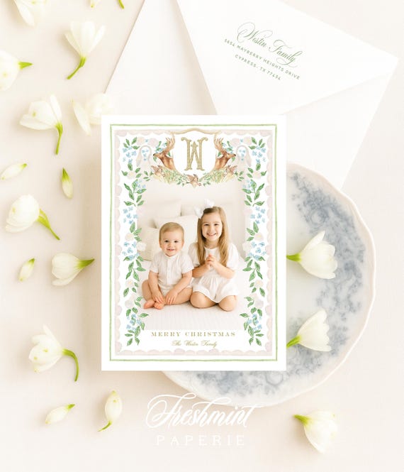 Mallard Duck Crest Holiday Cards: Deer Christmas Family Cards, Blue Floral, Heirloom