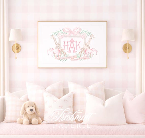 Nursery Wall Art, Monogram, Elephant, Giraffe, Safari, Pink Bow Crest, Grandmillennial, Baby Girl