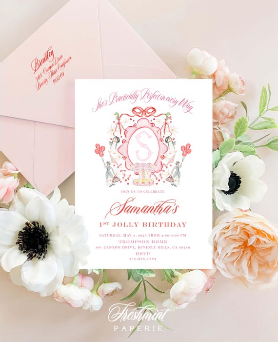 Mary Poppins Invitation, Jolly Holiday invitation, Practically Perfect, Crest Monogram, Grandmillennial invitation, Watercolor invitation