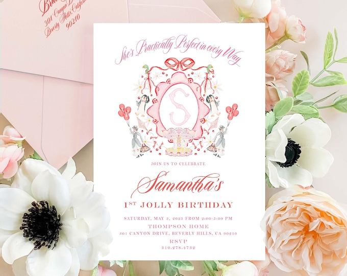 Mary Poppins Birthday Invitation: Jolly Holiday Watercolor, Monogram, Grandmillennial
