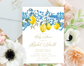 Lemon invitation - Citrus Baby Shower Invite - Baby Shower invitation - Tuscan invitation - Mediterranean invite - Blue & Lemon invitation