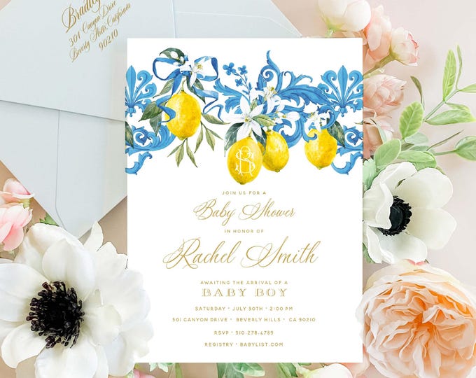 Lemon invitation - Citrus Baby Shower Invite - Baby Shower invitation - Tuscan invitation - Mediterranean invite - Blue & Lemon invitation