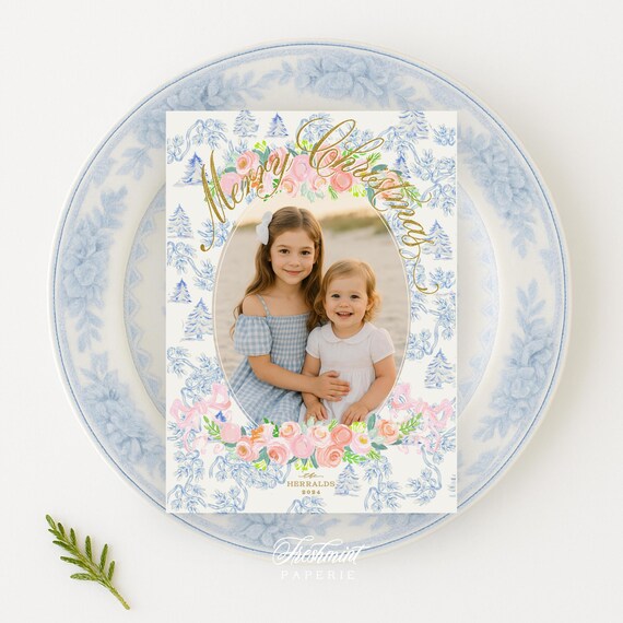 Pink Floral Photo Christmas Cards: Watercolor Holiday Cards