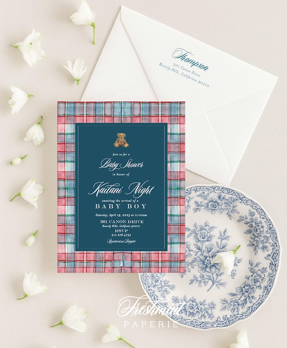 Plaid Teddy Bear Baby Shower Invitation: Classic Tartan Design