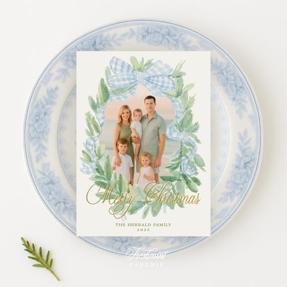 Blue Gingham Photo Christmas Card: Custom Holiday Cards