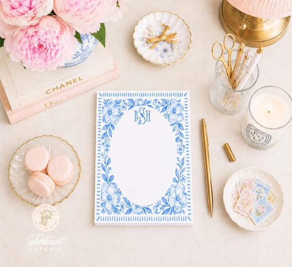 Blue Floral Watercolor Floral Notepad: Custom Monogrammed Stationery - 5x7