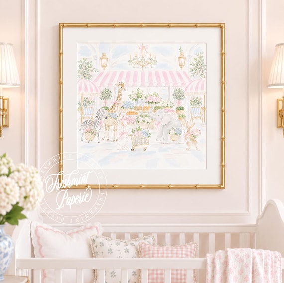 Nursery Wall Art, Animal art, at the Market shopping, Grandmillennial, Chinoiserie