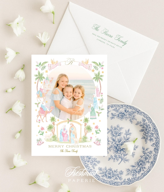 Nativity Photo Christmas Cards, Monogram, Pink, Angels, 3 Wise men