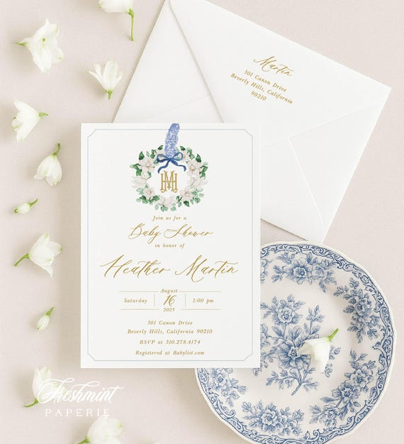 Monogram Baby Shower Invitation, Magnolia baby shower invitation, wreath ribbon invitation, Chinoiserie baby shower invitation