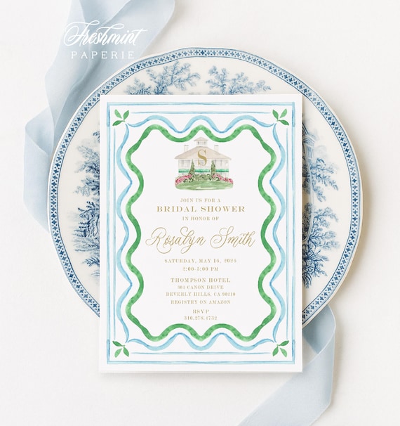 Watercolor Bridal Shower Invitation, Chateau, Traditional, Art Deco, Monogram, Gingham
