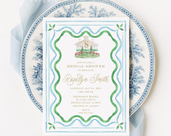 Watercolor Bridal Shower Invitation, Chateau, Traditional, Art Deco, Monogram, Gingham