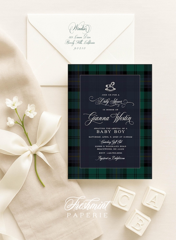 Classic Plaid Baby Shower Invitation, Rocking Horse, Equestrian, Polo, Navy, Green, Tartan Invitation, Rocking Horse invitation, Plaid