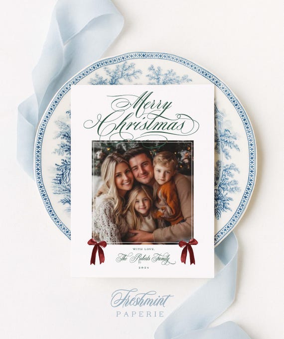 Custom Photo Christmas Cards, Ribbon Design, Family Holiday Card