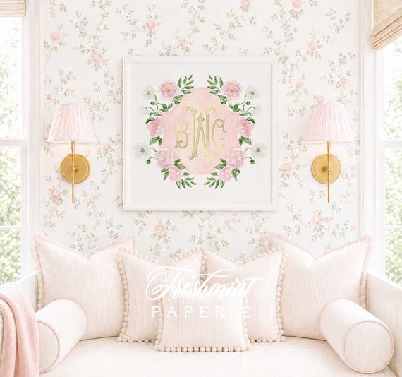 Monogram Wall Art, Chinoiserie, Cherry Blossom, Grandmillennial, Watercolor
