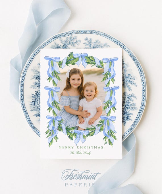 Blue Bow Photo Holiday Cards: Blue Ribbon Wreath Design