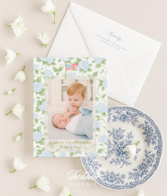 Watercolor Hydrangea Holiday Photo Cards: Grandmillennial Christmas, American Flag