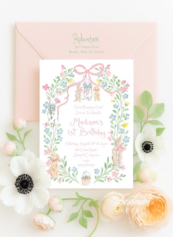 Pink Bunny invitation | Bunny Birthday Invitation | Easter Invitation | Some Bunny Invite | Some bunny is One, Watercolor, Gingham