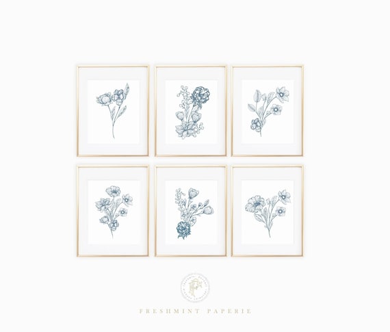 Blue Botanical Prints, Blue floral Wall Art, Vintage Botanical Prints, Custom Botanical Plates, wall art, Botanical wall art, Set of 6