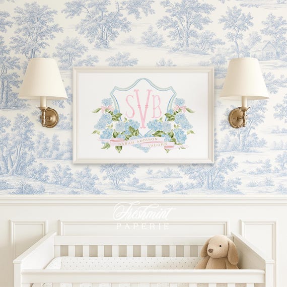 Watercolor Hydrangea Monogram Nursery Print, Custom Wall Art, Crest