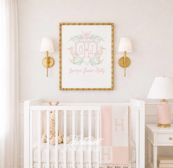 Personalized Stork Nursery Print, Monogram Crest, Newborn Announcement