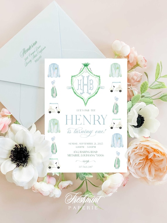 Golf invitation, Preppy Golf invitation,  Hole in One invitation, Golf Birthday invitation, Golfing Invitation, Gingham, Monogram