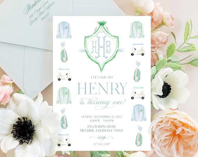 Preppy Golf Birthday Invitation: Gingham Monogram, Hole in One