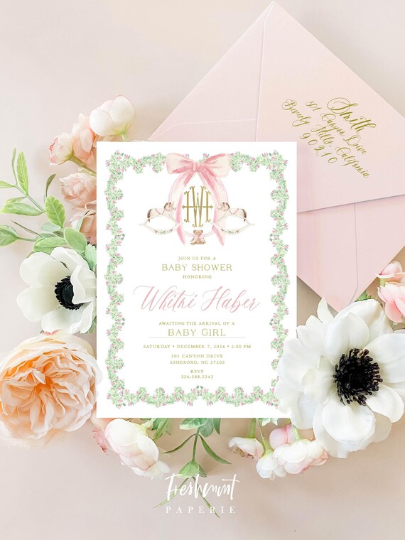 Rocking Horse Baby Shower Invitation, Rocking Horse invitation, Baby Shower invitation, Teddy Bear invitation, Monogram, Crest, Gingham, Bow