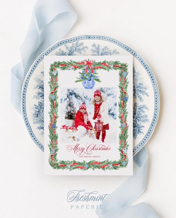 Chinoiserie Photo Christmas Card, Red and Blue Wreath, Red Ribbon, Garland