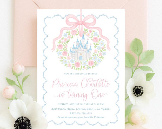 Princess Birthday Invitation: Castle Invitation, Pink Bow, Grandmillennial