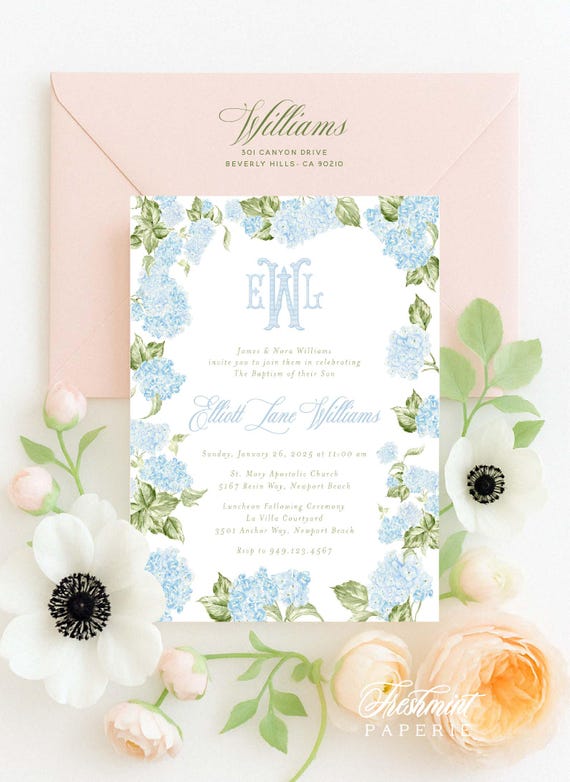 Hydrangea Baptism invitations, Blue Monogram invitation, Christening Invitation, Dedication invitation, Hydrangea invitations, Hydrangea