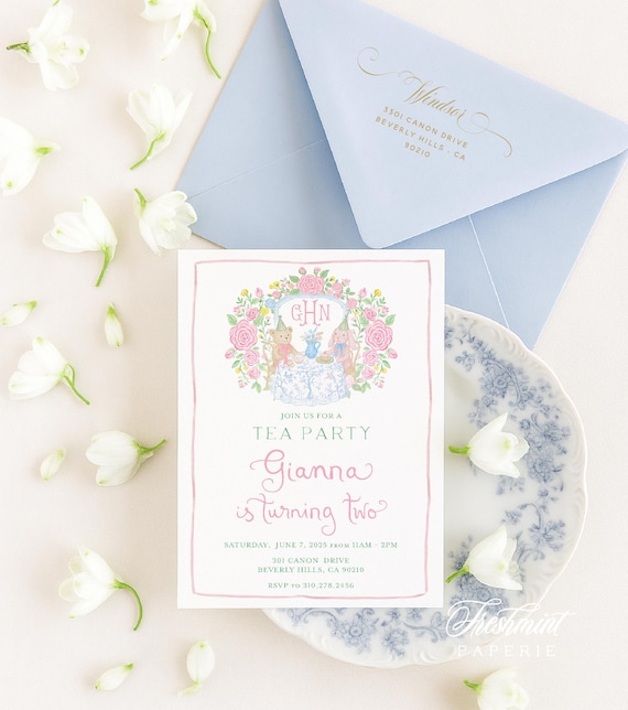 Chinoiserie Tea Party Invitation: Floral Watercolor Monogram