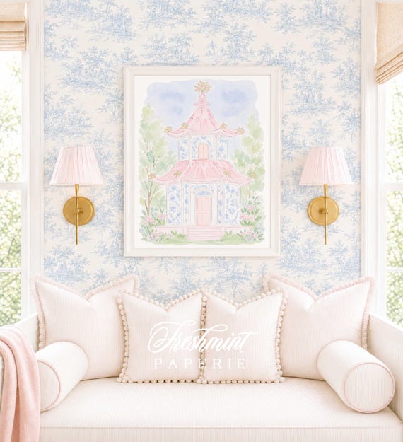 Chinoiserie Nursery wall art, Watercolor, Grandmillennial, Floral, Cherry Blossom, Ginger Jar