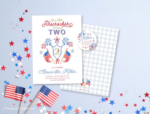 Fireworks invite - 4th of July Birthday Invite, Boy or Girl Patriotic Birthday invite, 4th of July Party - Our Little Firecracker - Stars