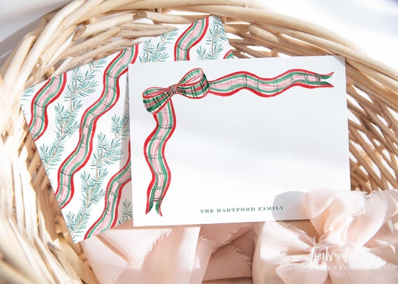 Personalized Stationery, Holiday Note Cards, Plaid Notecards, Ribbon Notecards, Christmas Notecards, Christmas Stationery, Plaid Bow Ribbon