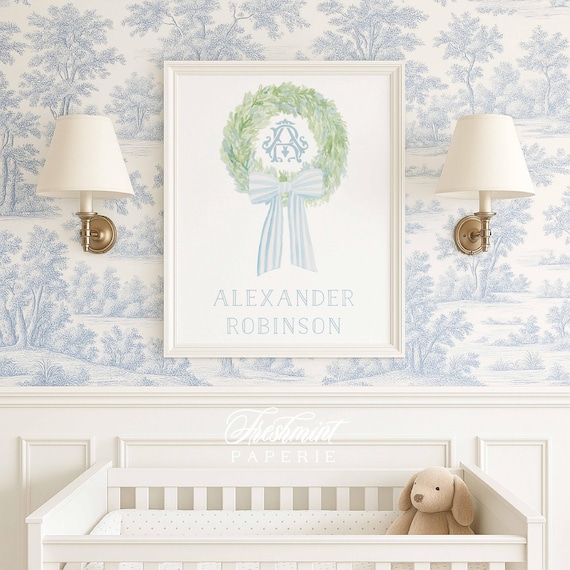 Blue Ribbon wall art, Baby initial Wall Art, Blue and white Ribbon, Monogram Wall Art, Monogram Art, Nursery wall art