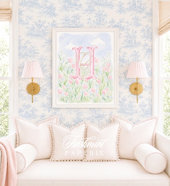 Watercolor Floral Nursery Print, Custom Name Wall Art, Tulips, Garden