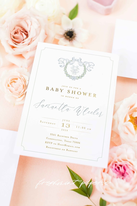 Monogram Baby Shower Invitation - baby shower invitation - baby shower invitation - wreath ribbon invitation - Neutral baby shower