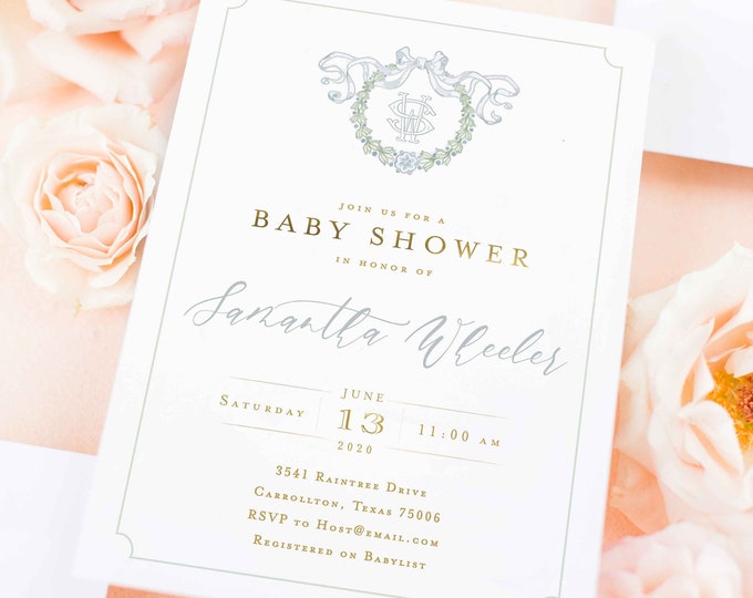 Monogram Baby Shower Invitation - baby shower invitation - baby shower invitation - wreath ribbon invitation - Neutral baby shower